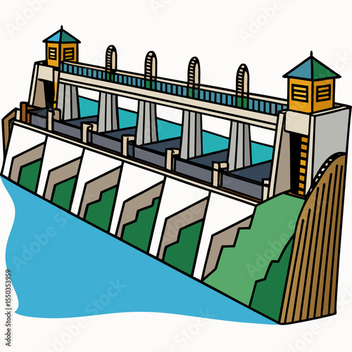 Creative River Barrage Vector Illustration | Detailed Water Control Structure for Hydropower, Irrigation, and Infrastructure Design