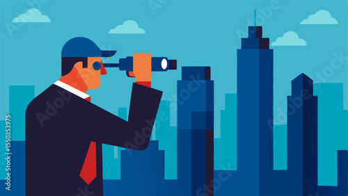 Binoculars Overlooking Cityscape An investigator uses binoculars to gaze over a city skyline symbolizing surveillance of potential money laundering hotspots.