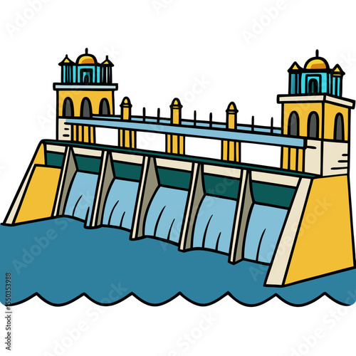 Creative River Barrage Vector Illustration | Detailed Water Control Structure for Hydropower, Irrigation, and Infrastructure Design