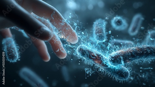 Germ transfer by touch concept showing microscopic bacteria moving from hand to surface cross contamination visualization 