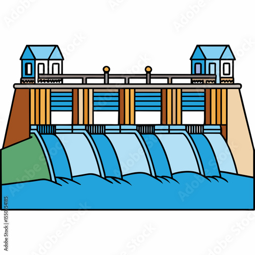 Creative River Barrage Vector Illustration | Detailed Water Control Structure for Hydropower, Irrigation, and Infrastructure Design