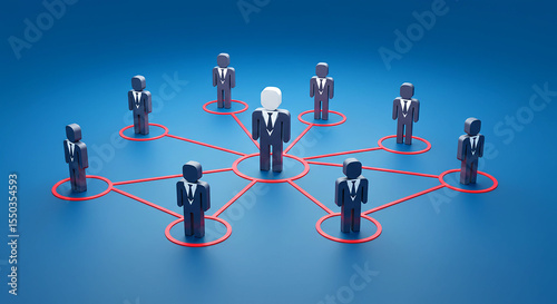 A network of stick figures connected by red lines with one figure having a white head on blue background