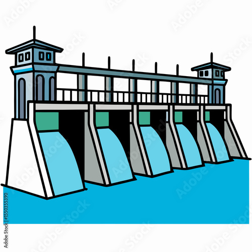 Creative River Barrage Vector Illustration | Detailed Water Control Structure for Hydropower, Irrigation, and Infrastructure Design