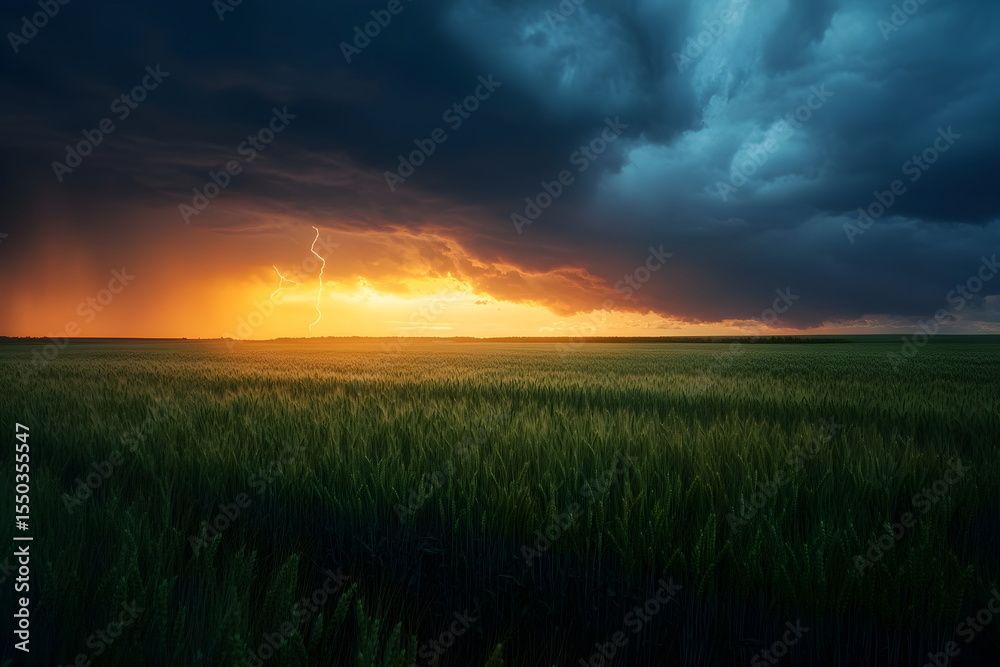 Fototapeta premium dramatic sunset over the field, thunderstorm,