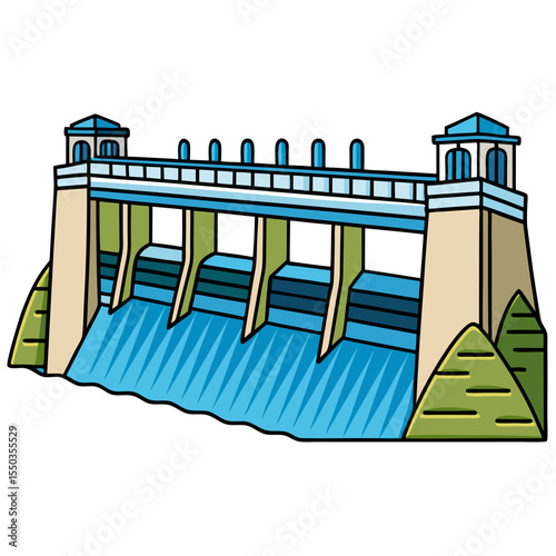 Creative River Barrage Vector Illustration | Detailed Water Control Structure for Hydropower, Irrigation, and Infrastructure Design