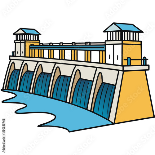 Creative River Barrage Vector Illustration | Detailed Water Control Structure for Hydropower, Irrigation, and Infrastructure Design