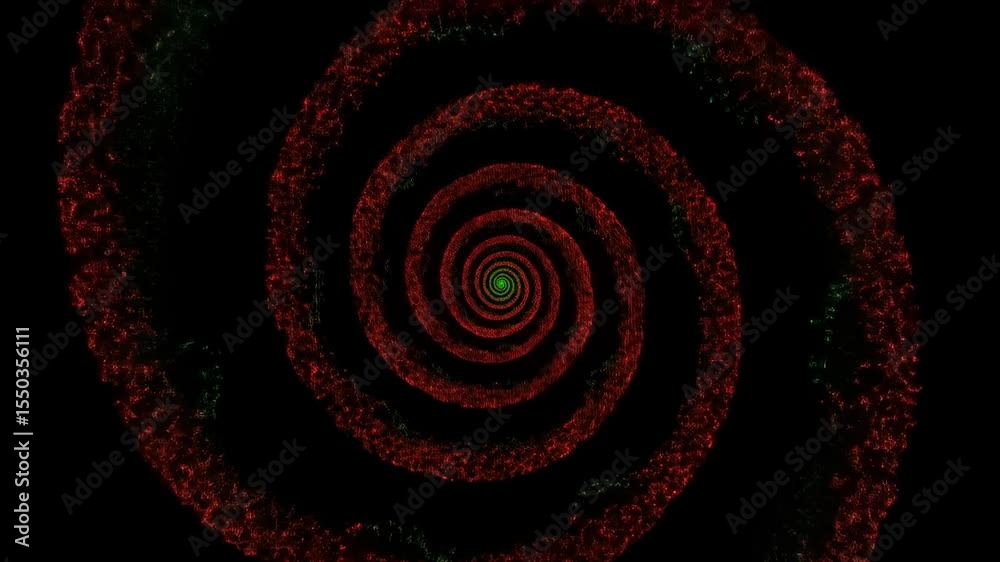 Fundo abstrato com espiral giratória de pontos vermelhos e verdes, movimento hipnótico, motion design, vídeo footage com animação

