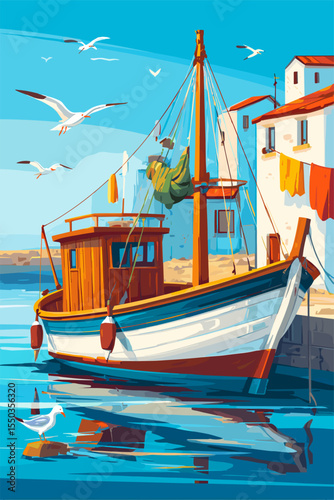Charming Fishing Boat at a Coastal Village Marina with Seagulls and Colorful Buildings