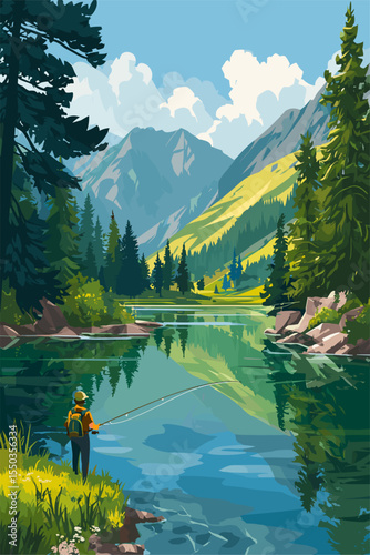 Serene Fishing Scene in a Mountain Landscape with Lush Forest and Reflections