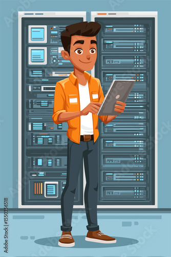 Young IT Technician Working with Server Room Technology