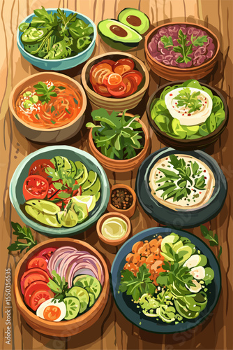 Colorful Assortment of Fresh Salads and Vegetables in Bowls on Rustic Wooden Table