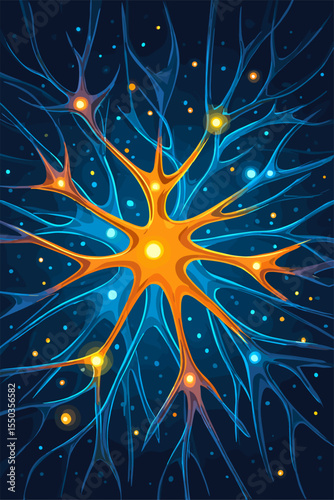 Abstract Illustration of a Neuron with Glowing Connections in Dark Background