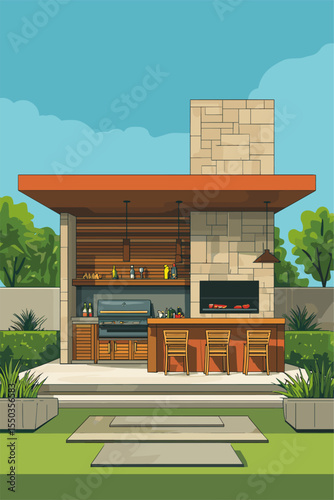 Modern Outdoor Kitchen with Grill and Bar Area in a Lush Garden Setting
