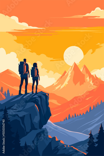Adventure Awaits: Silhouetted Hikers on a Mountain at Sunset