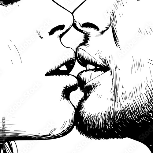 Close-up black and white sketch of two people about to kiss, capturing an intimate moment with detailed linework on lips, noses, and facial hair, emphasizing passion and connection.

