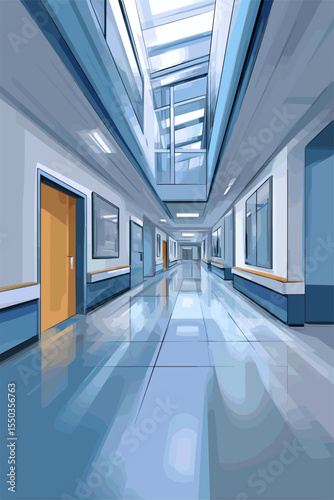 Modern Hospital Corridor with Glass Ceiling and Bright Lighting
