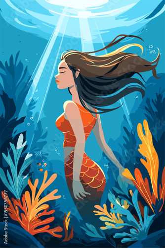Enchanting Mermaid Underwater Scene with Vibrant Coral and Light Rays