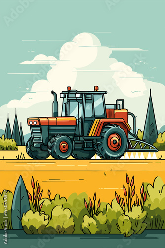 Colorful Tractor Illustration Against a Scenic Landscape