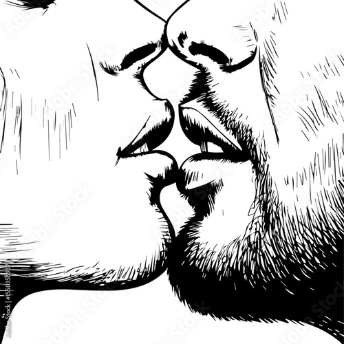 Close-up black and white sketch of two people about to kiss, capturing an intimate moment with detailed linework on lips, noses, and facial hair, emphasizing passion and connection.

