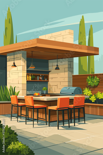 Modern Outdoor Kitchen with Seating Area and Grill in a Stylish Garden Setting