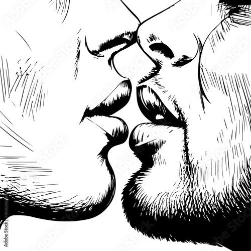 Close-up black and white sketch of two people about to kiss, capturing an intimate moment with detailed linework on lips, noses, and facial hair, emphasizing passion and connection.

