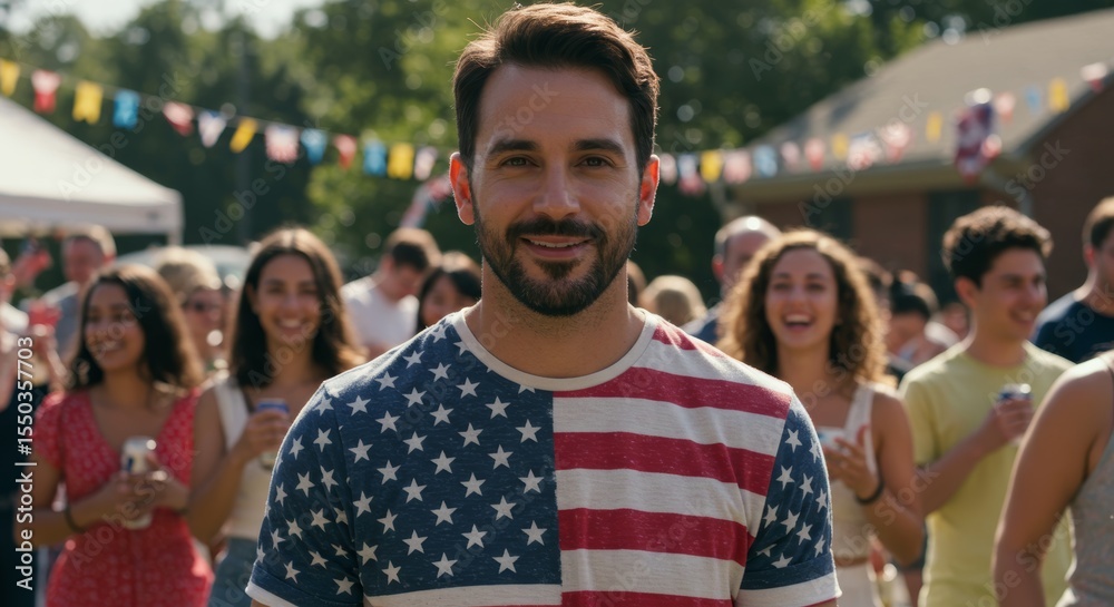 Fototapeta premium Man smiling in American flag shirt at outdoor celebration party 