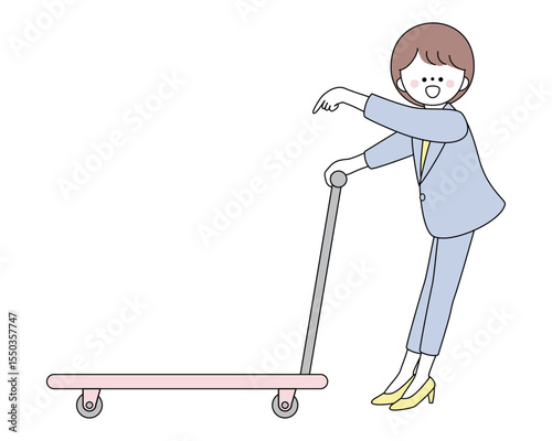 台車を指を指すスーツ姿の女性イラスト