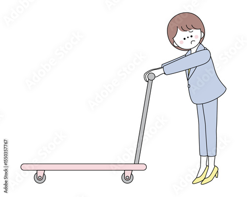 台車を押しながら困っているスーツ姿の女性イラスト