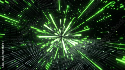 Abstract digital background with green light streaks and lines creating a sense of motion and depth. Represents technology and futuristic concepts.