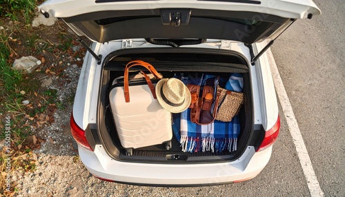 Car on the roadside, trunk with open suitcases, beach bag and plaid visible from above.