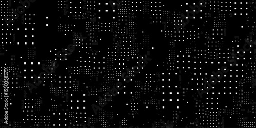 A sleek black background with a scattered pattern of white geometric shapes, ideal for modern tech designs, minimalist art, or digital presentations.