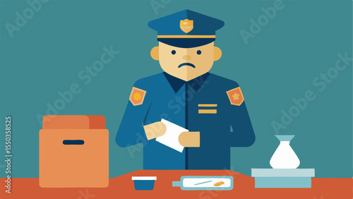 Evidence Collection An officer placing items into evidence bags including a small device and a piece of paper on a table cluttered with household items.