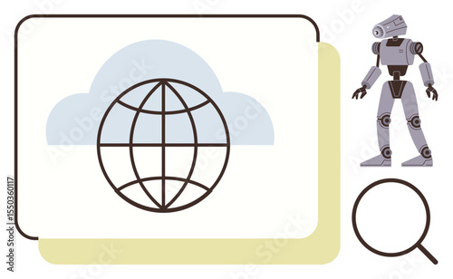 Globe within cloud symbolizing global connectivity, robot representing AI, and magnifying glass for analytics and research. Ideal for AI, technology, innovation, science, education, business startup
