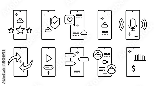 Influencer Vlog icon set vector illustration. Contains such icon as Micro influencer, Social media, Selfie, Live, Creator and more. Expanded Stroke