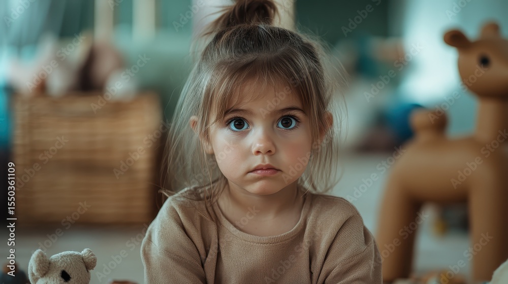 Fototapeta premium An adorable young girl with big, expressive eyes sits quietly, lost in thought, embodying innocence and curiosity in a warm, playful environment surrounded by toys.