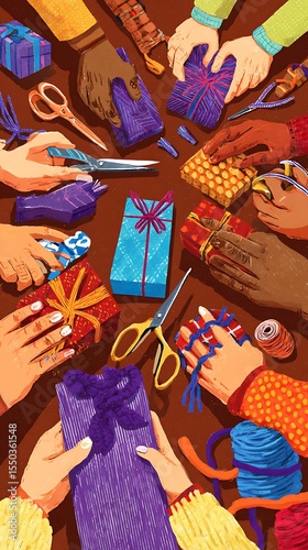 Diverse hands wrapping gifts together