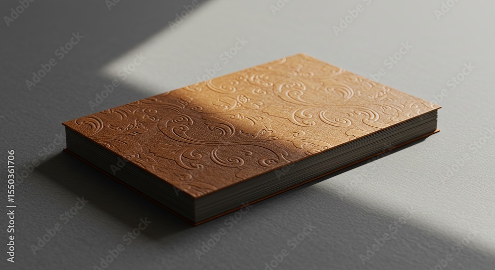 Fototapeta premium Elegant leather-bound book with embossed cover on neutral background 