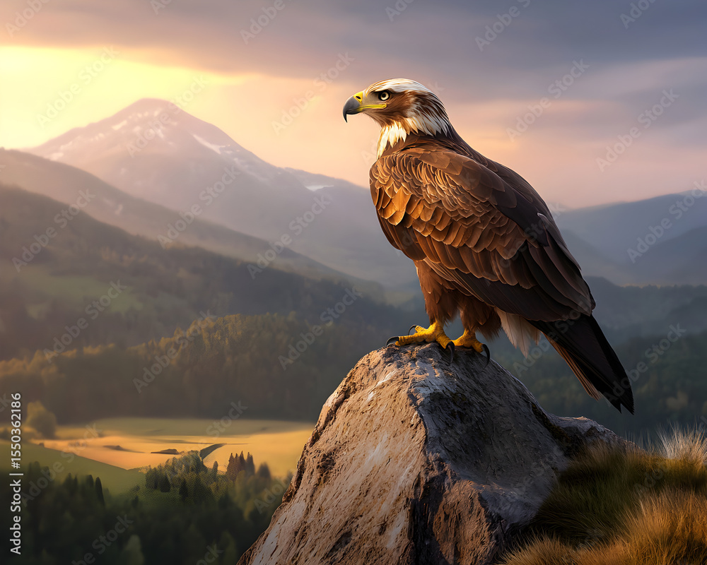 Fototapeta premium Majestic eagle perched on rocky outcrop overlooking lush green valley with mountain backdrop at sunset
