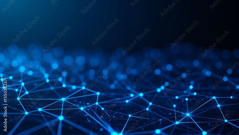 Obraz premium Digital abstract network of interconnected lines and nodes on a deep blue gradient background featuring geometric shapes and glowing elements