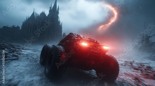 A powerful, futuristic vehicle illuminated in red lights drives through a bleak, dystopian landscape, evoking feelings of adventure, danger, and the thrill of exploration.