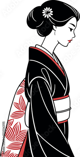 Graceful Geisha in Black and Red Kimono: A Minimalist Japanese Line Art Masterpiece