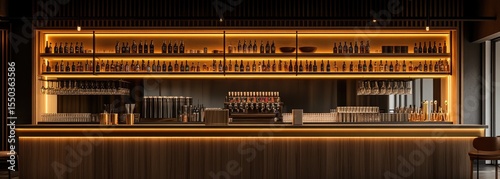 Modern bar with warm lighting and stocked shelves