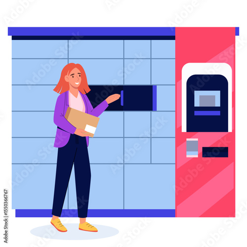 Woman receives or sends parcel in parcel locker. Vector illustration. Contactless delivery, pick up self-service concept