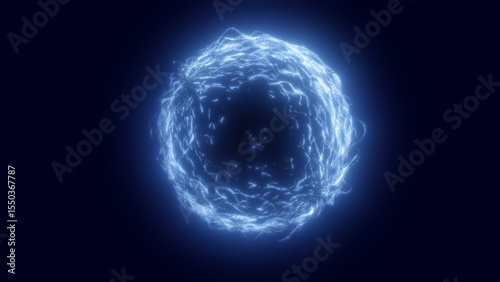 Dark blue digital sphere with flowing electric lines and glowing core, symbolizing digital current, futuristic depth, and virtual energy