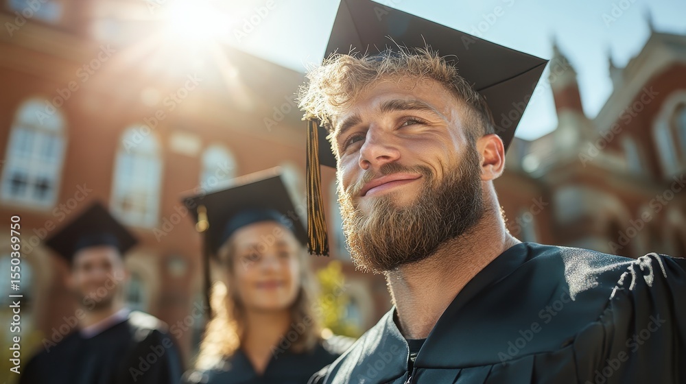 Fototapeta premium A proud graduate wearing a cap and gown smiles joyfully with classmates, symbolizing achievement, hope, and the transition into a new chapter of life under bright sunlight.