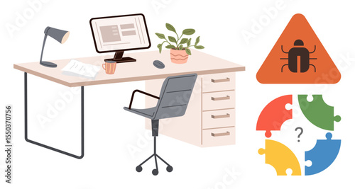 Workspace desk with computer, lamp, chair, cup, plant, triangle bug warning sign, and puzzle pieces. Ideal for technology, troubleshooting debugging problem-solving software issues teamwork