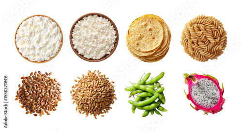 An assortment of healthy food ingredients, including various grains, legumes, and fresh produce, showcasing the beauty of nutrition and the diversity of natural foods.