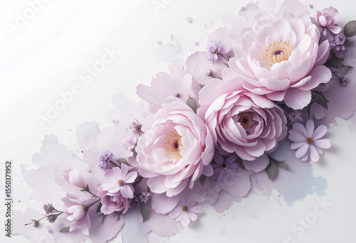 Elegant pastel pink peonies and wildflowers arranged on white background