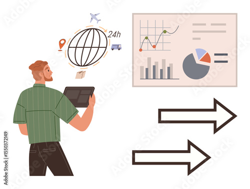 Businessman holding tablet, analyzing bar chart, pie chart, globe, vehicles, and arrows. Ideal for logistics, supply chain, global business data analysis shipping planning simple flat metaphor