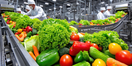 Food factory workers selecting fresh vegetables on conveyor belt